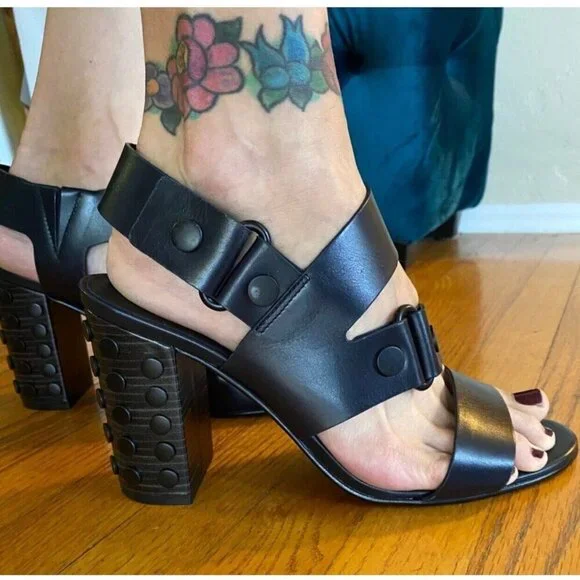 All Saints Leather East Heel Sandals Block Heel Shoes Strap Navy 41 Women’s 11 - Picture 8 of 15